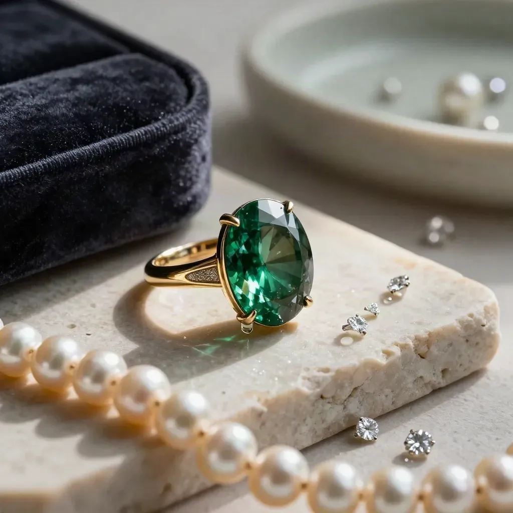 Rain-damp sapphire ring with diamonds, pearl strand and gold setting on pale limestone.