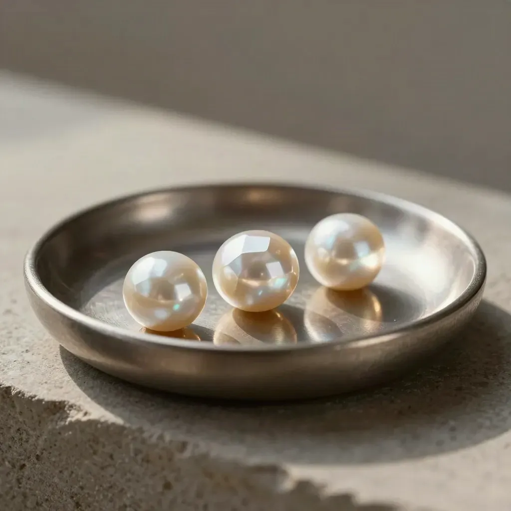 Three similar gemstones and a plain ring mount settling in a brushed metal dish.