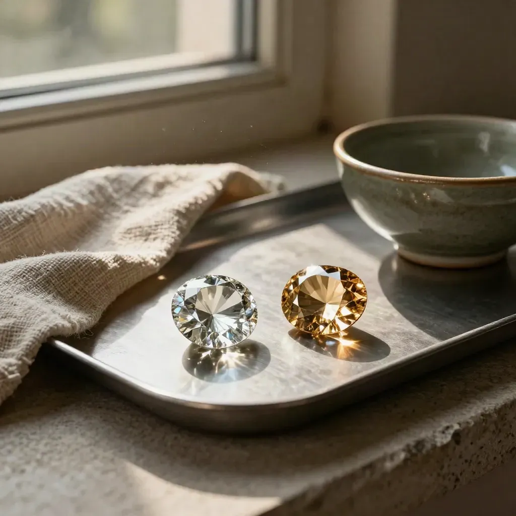 Two diamond-cut gems in a brushed tray with linen and a ceramic bowl in warm window light.