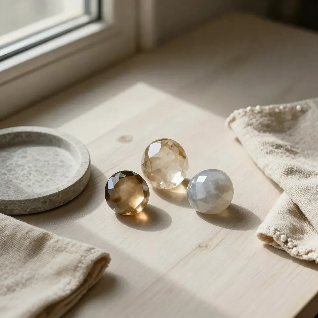 Neutral gem samples, stone dish and folded linen on pale wood in soft window light.